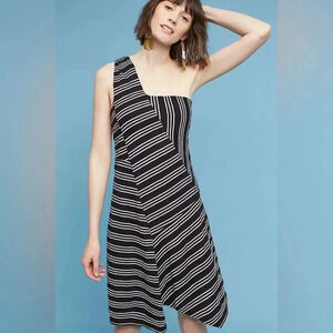 Anthropologie Maeve Black & White Stripe Moka One-Shoulder Dress Size XS